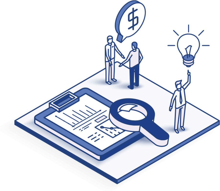 Isometric graphic of data, a magnifying class, and people discussing money.